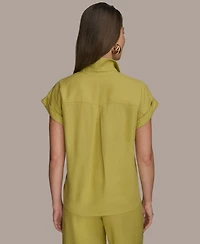 Donna Karan New York Women's Short Sleeve Linen-Blend Collared Shirt