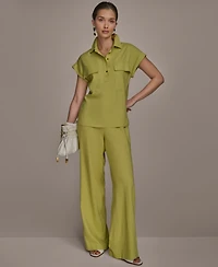 Donna Karan New York Women's Short Sleeve Linen-Blend Collared Shirt