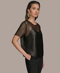 Donna Karan New York Women's Sequin Mesh Short-Sleeve Top