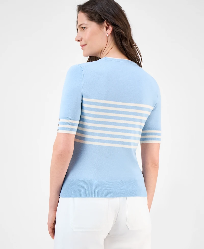 Nautica Jeans Women's Striped Button-Trim Short-Sleeve Sweater