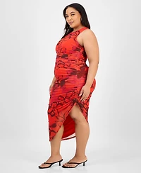 Bar Iii Trendy Plus Printed Shirred Midi Dress, Exclusively at Macy's