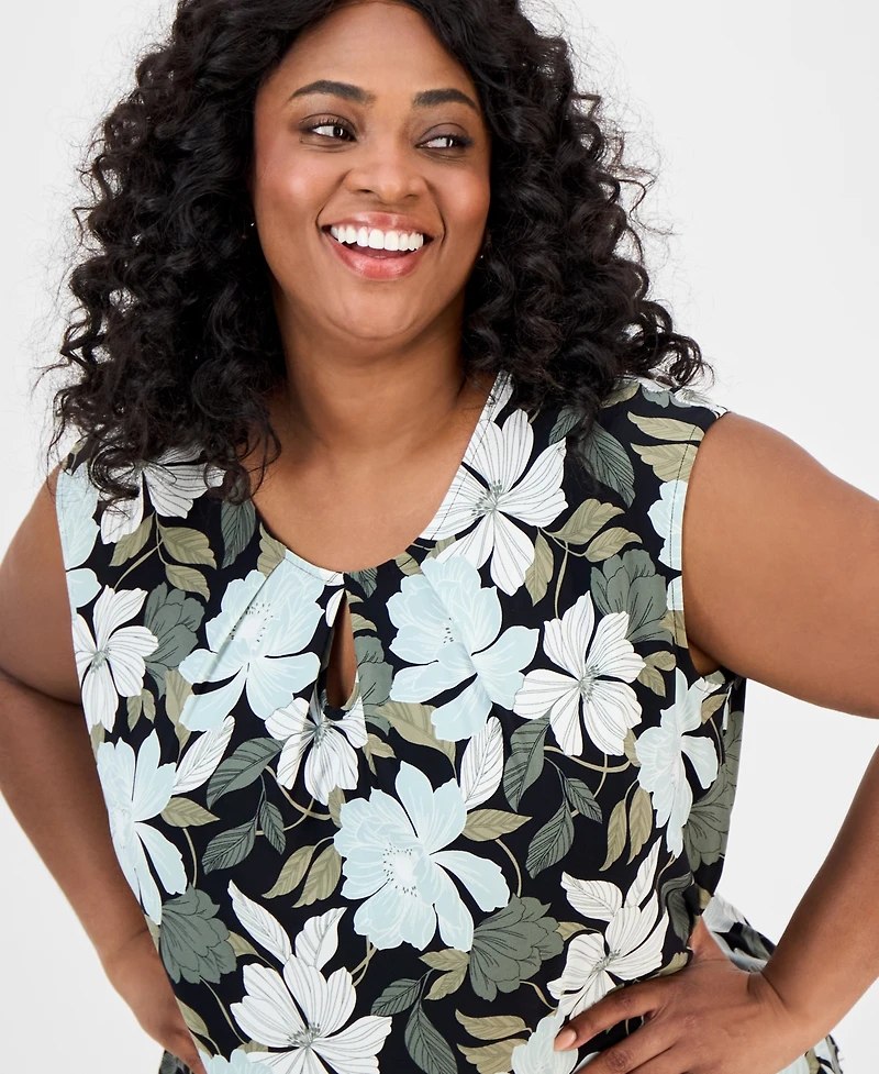 Kasper Plus Floral-Print Keyhole Top
