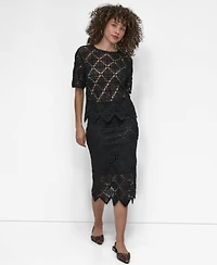 Dkny Womens Crocheted Short Sleeve Sweater Midi Sweater Skirt