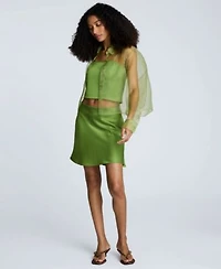 Kenneth Cole Womens Button Front Cropped Organza Shirt Cropped Satin Bustier Top Pull On Bias Cut Mini Skirt