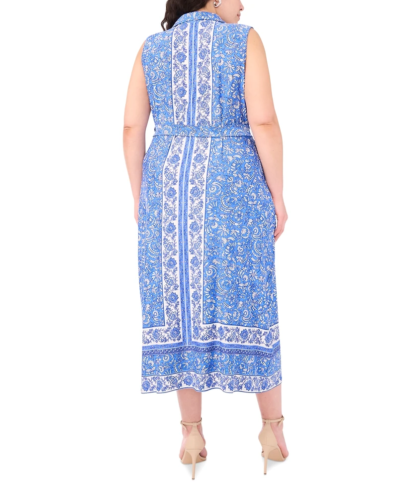 Msk Plus Zip-Front Border-Print Belted Midi Dress
