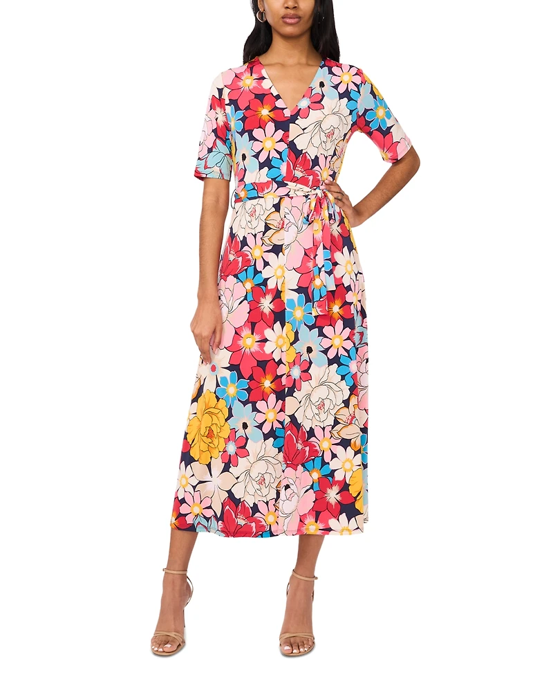 Msk Women's Floral-Print Tie-Waist Midi Dress