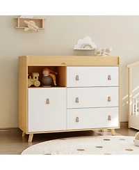 Diaper table with three drawers, baby changing station with multiple storage compartments, natural wood