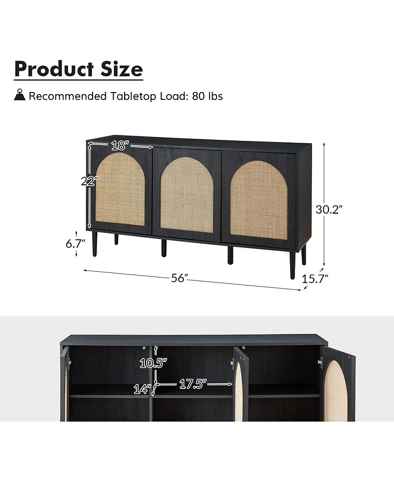 Ulysses Modern 56”Wide Sideboard with 3 Doors and Solid Wood Legs