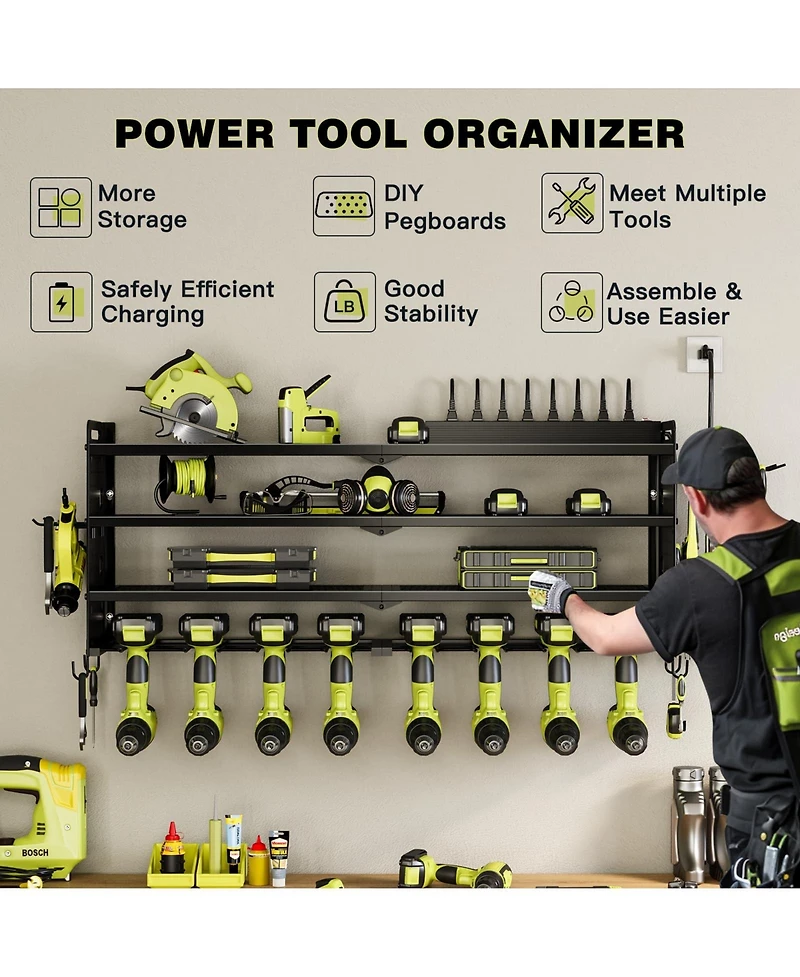 Hausource 4-Tier Power Tool Organizer Wall Mount Tool Storage Workbench W/8 Drill Holder Utility Shelving,Black