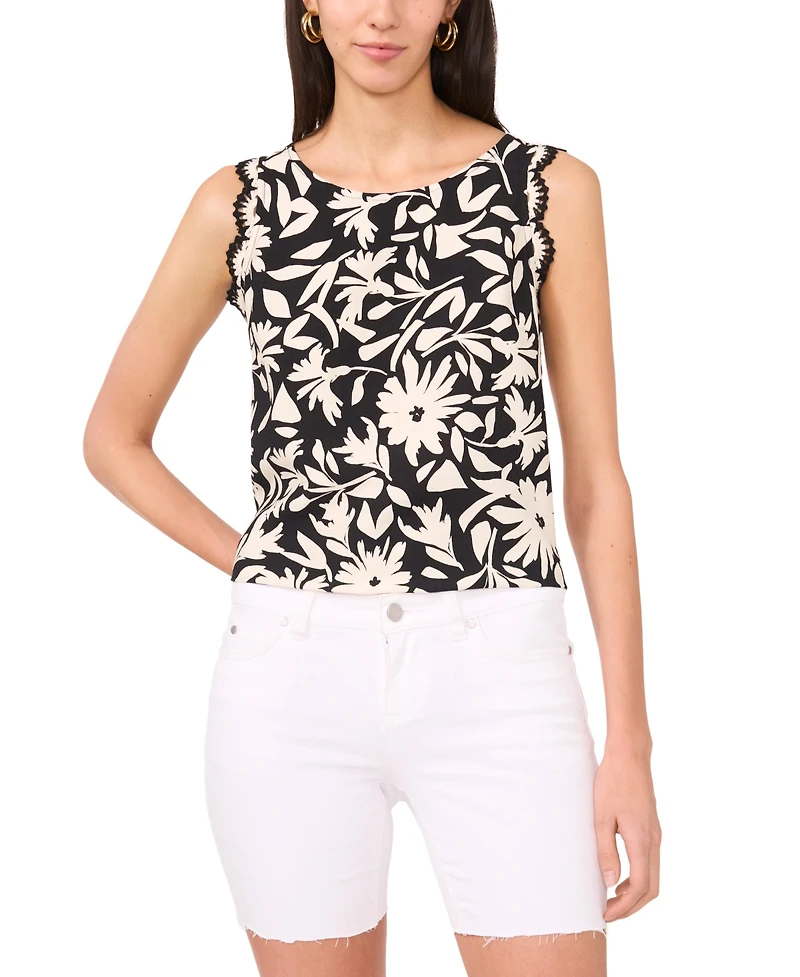 Vince Camuto Women's Floral-Print Crocheted-Trim Top