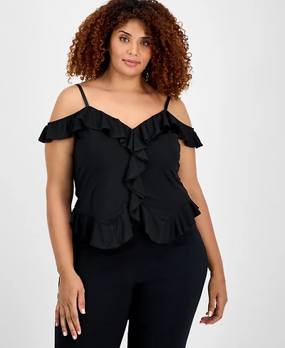 Bar Iii Trendy Plus Ruffled Cold-Shoulder Mesh Top, Exclusively at Macy's