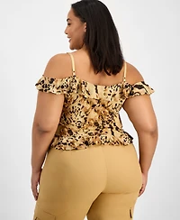 Bar Iii Trendy Plus Printed Cold-Shoulder Ruffled Top, Macy's Exclusive