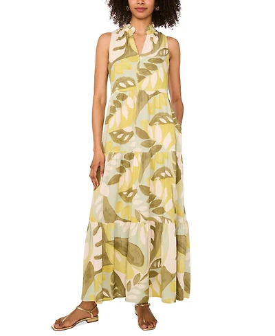 Vince Camuto Women's Tropical-Print Split-Neck Tiered Ruffled Dress
