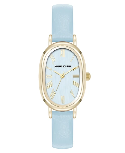 Anne Klein Women's Quartz Oval Light Blue Polyurethane Leather and Gold-Tone Metal Alloy Watch, 23mm