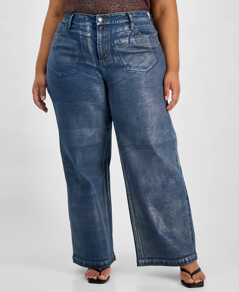 Bar Iii Trendy Plus Metallic High-Rise Wide-Leg Jeans, Macy's Exclusive