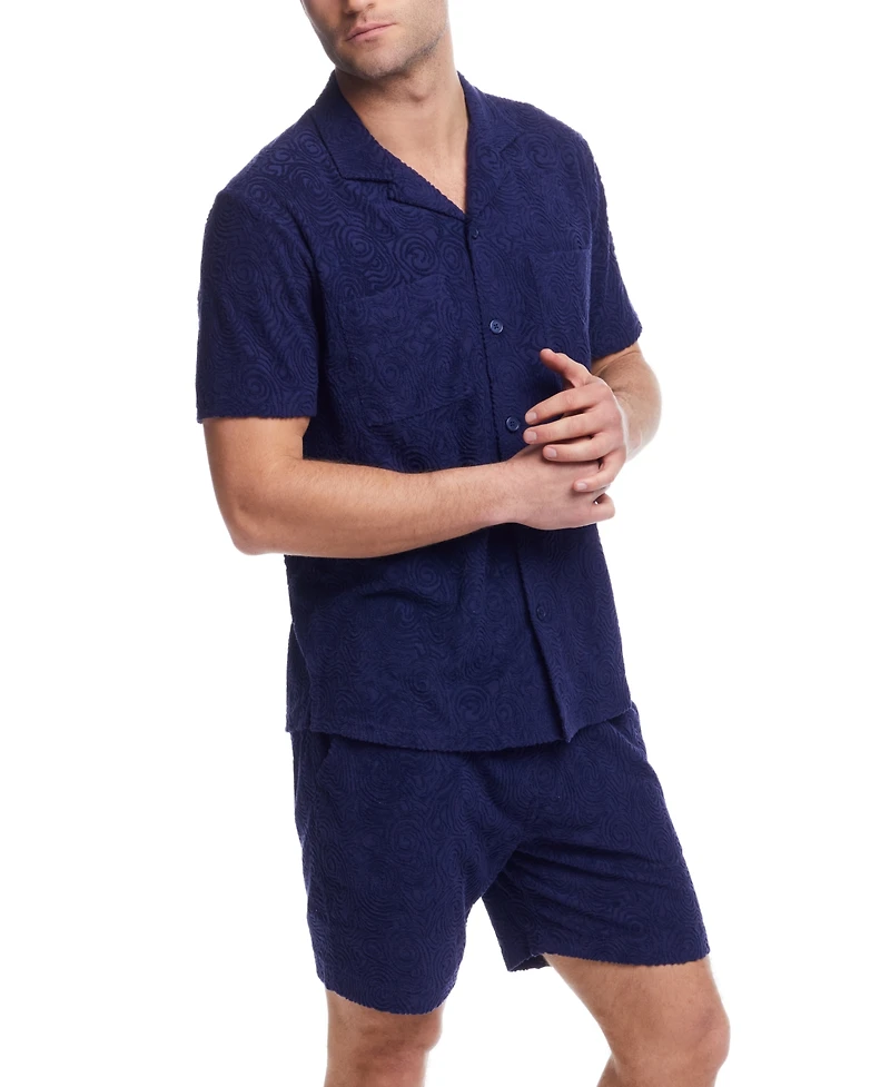 Weatherproof Vintage Men's Short Sleeve Terry Coat Front Jacquard Button-Front Shirt