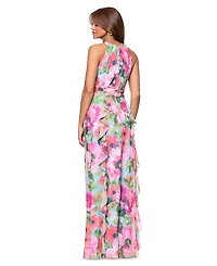 Xscape Petite Floral-Print Ruffled Gown