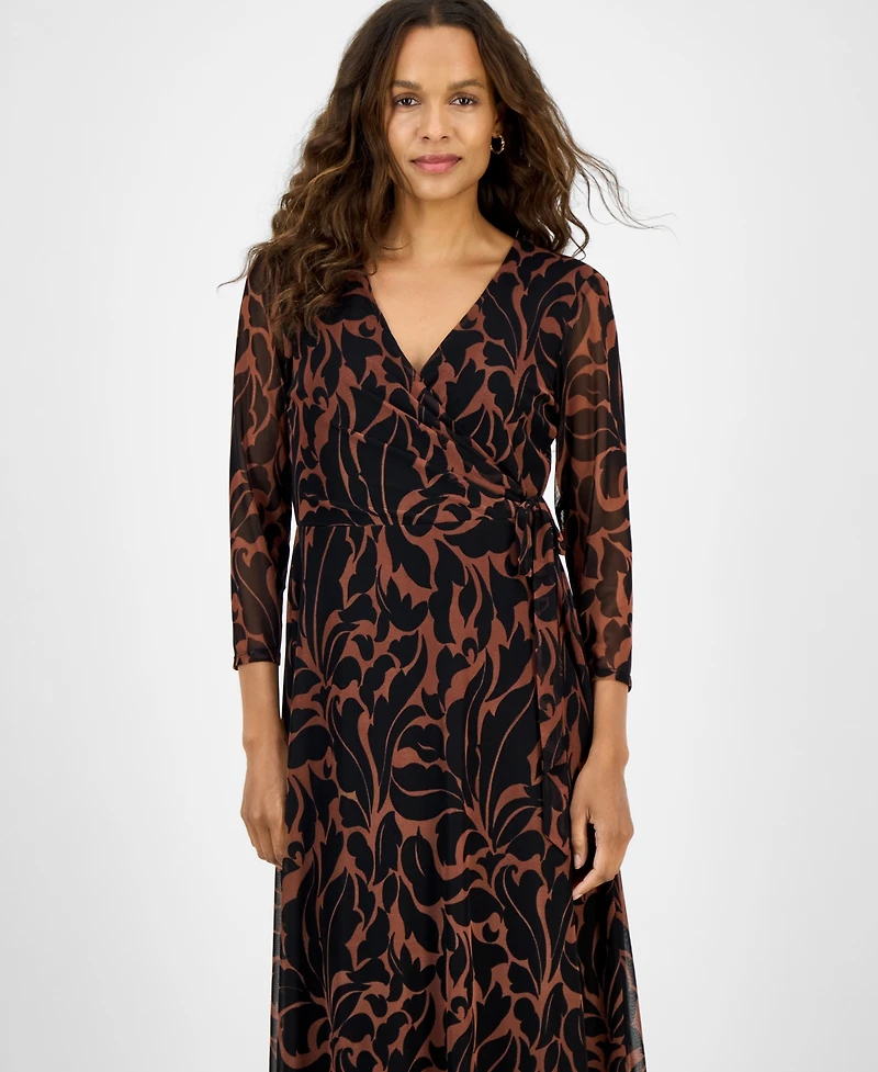Connected Petite Printed Surplice Side-Tie Dress