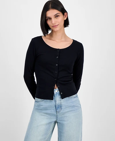 Hippie Rose Juniors' Long-Sleeve Button-Front Knit Top