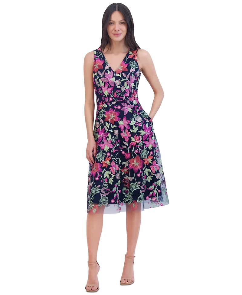 Jessica Howard Women's Floral-embroidered V-neck Fit & Flare Dress