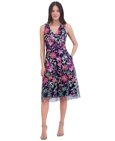 Jessica Howard Women's Floral-embroidered V-neck Fit & Flare Dress