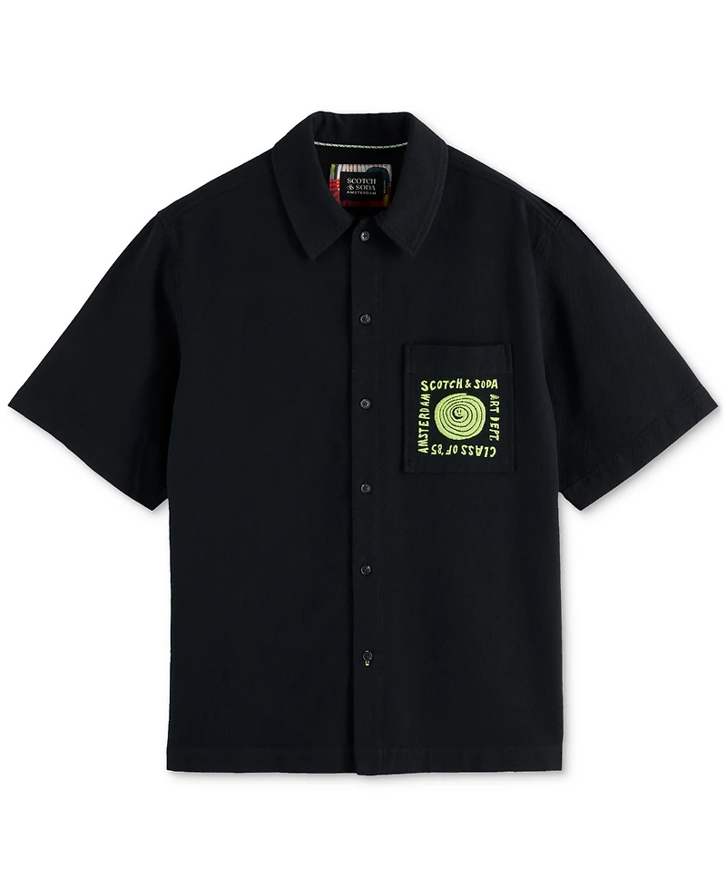 Scotch & Soda Men's Tailored Fit Short Sleeve Button Front Embroidered Pocket Shirt