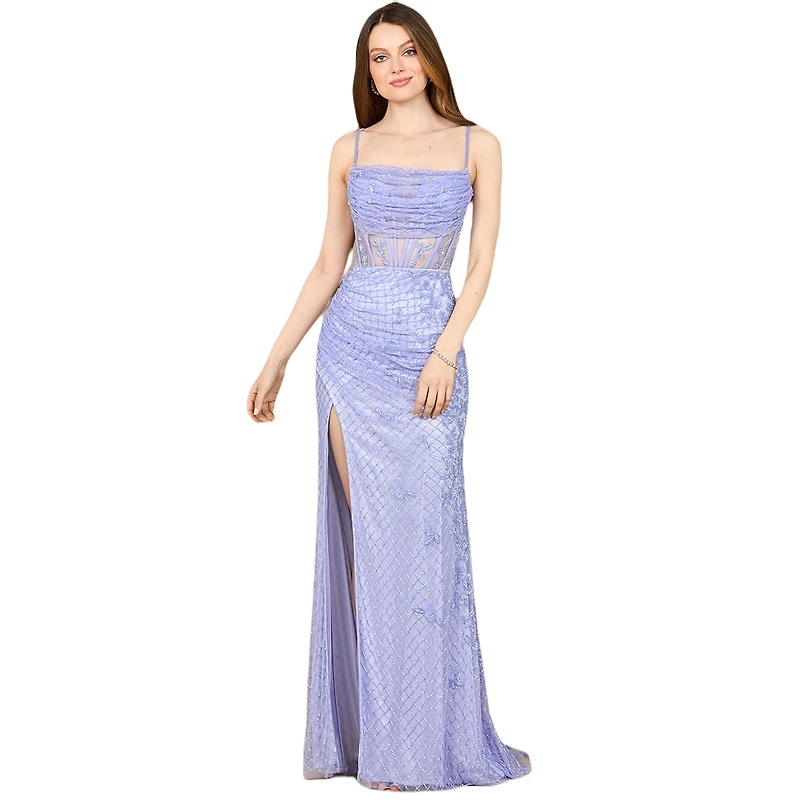 Lara Women's 9923 - Beaded Corset Gown with Slit