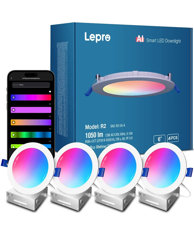 Lepro R2 Ai 6 inch Led Recessed Light Dimmable Wafer Lights Rgbcw, Smart Canless Downlights Work Alexa & Google Assistant, 12W 1050lm