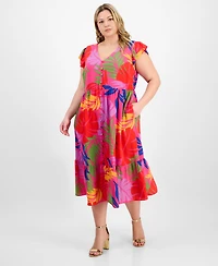 Sandra Darren Plus Printed Flutter-Sleeve Midi Dress