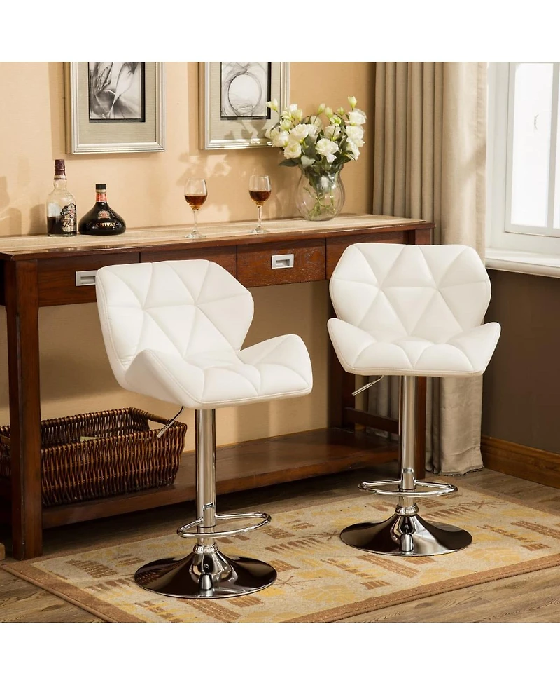 Set of 2 Adjustable Swivel Bar Stools with Diamond-Tufted Faux Leather Seats, Footrest, and Chrome Base for Kitchen or Home Bar-The Pop