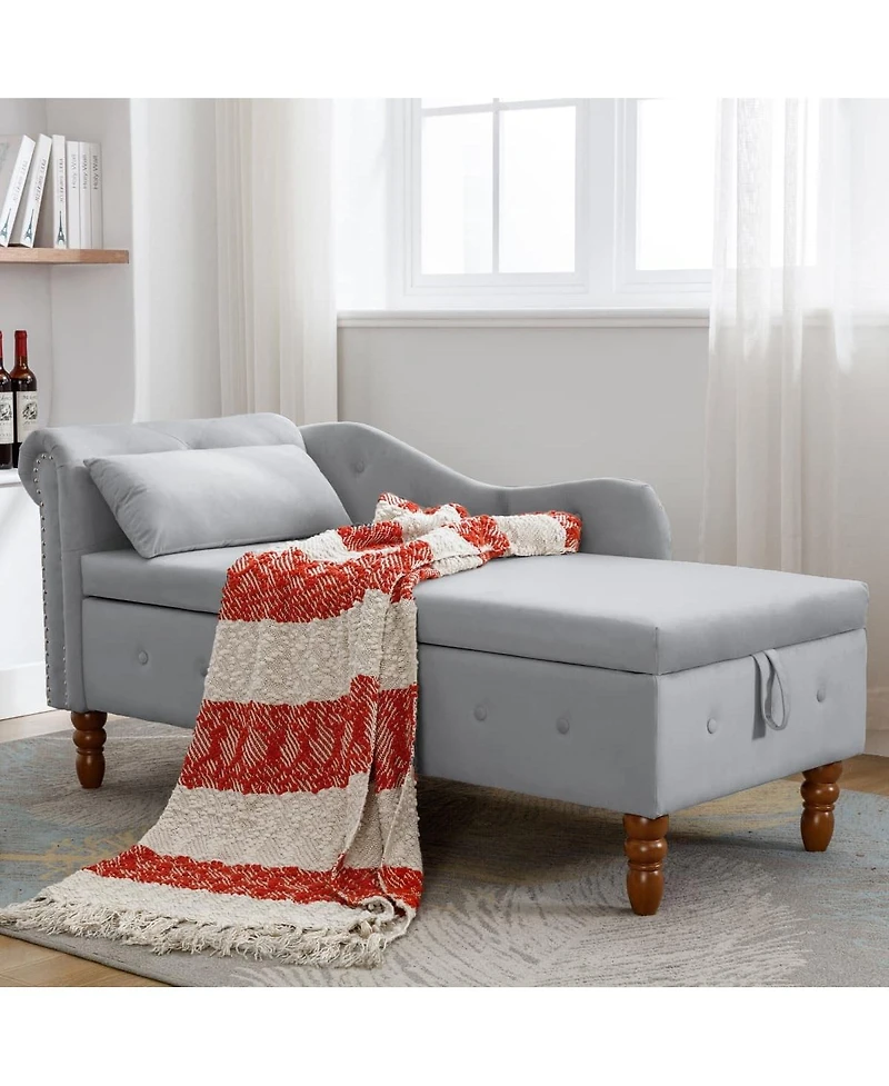 Velvet Upholstered Chaise Lounge with Storage and Pillow, Tufted Rolled Arm Chair Nailhead Trim for Living Room or Bedroom-The Pop Home