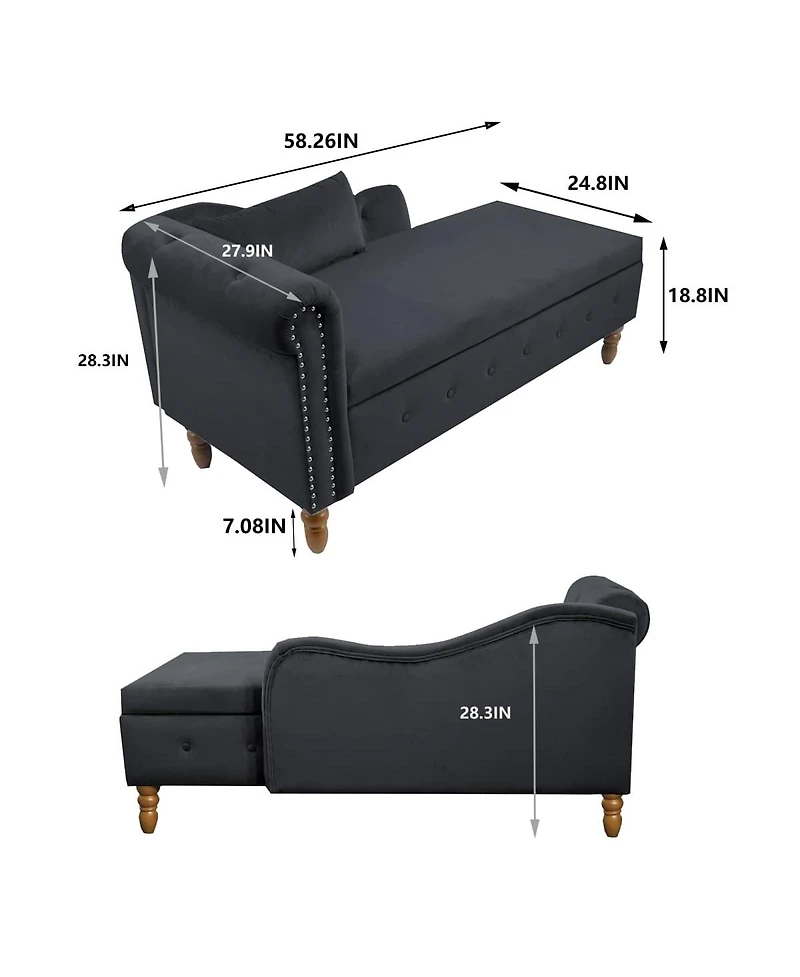 Velvet Upholstered Chaise Lounge with Storage and Pillow, Tufted Rolled Arm Chair Nailhead Trim for Living Room or Bedroom-The Pop Home