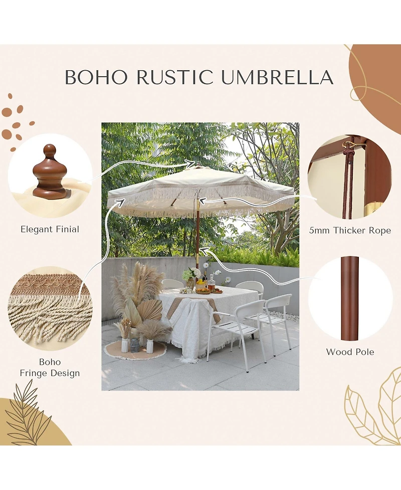 LAGarden Boho 9' Fringe Patio Umbrella with Tassels UPF50+ Boho Style 5-Year-Non-Fading for Outdoor Yard Market Butter Twisted Root