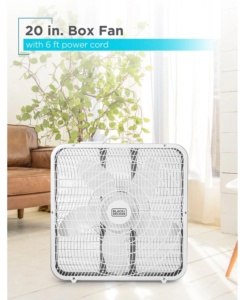 Black+Decker Box Fan with 3 Speed Settings, 20” Box Fan with Carrying Handle, Rotary Knob and Recessed Cord Storage, Portable Fan and Cooling F