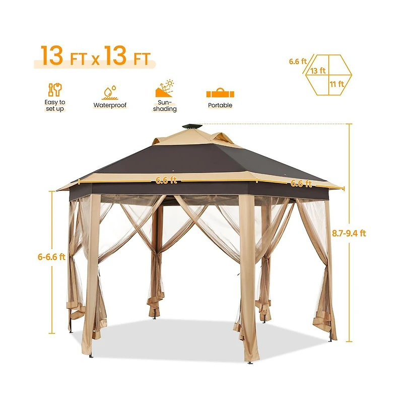 Yaheetech 13×13ft Hexagonal Pop-Up Gazebo Tent, Khaki/Brown