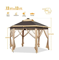 Yaheetech 13×13ft Hexagonal Pop-Up Gazebo Tent, Khaki/Brown