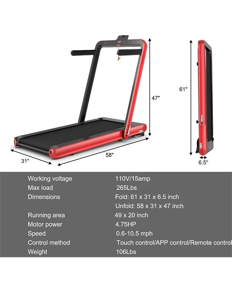 4.75HP 2 In 1 Folding Treadmill with Remote App Control-Red