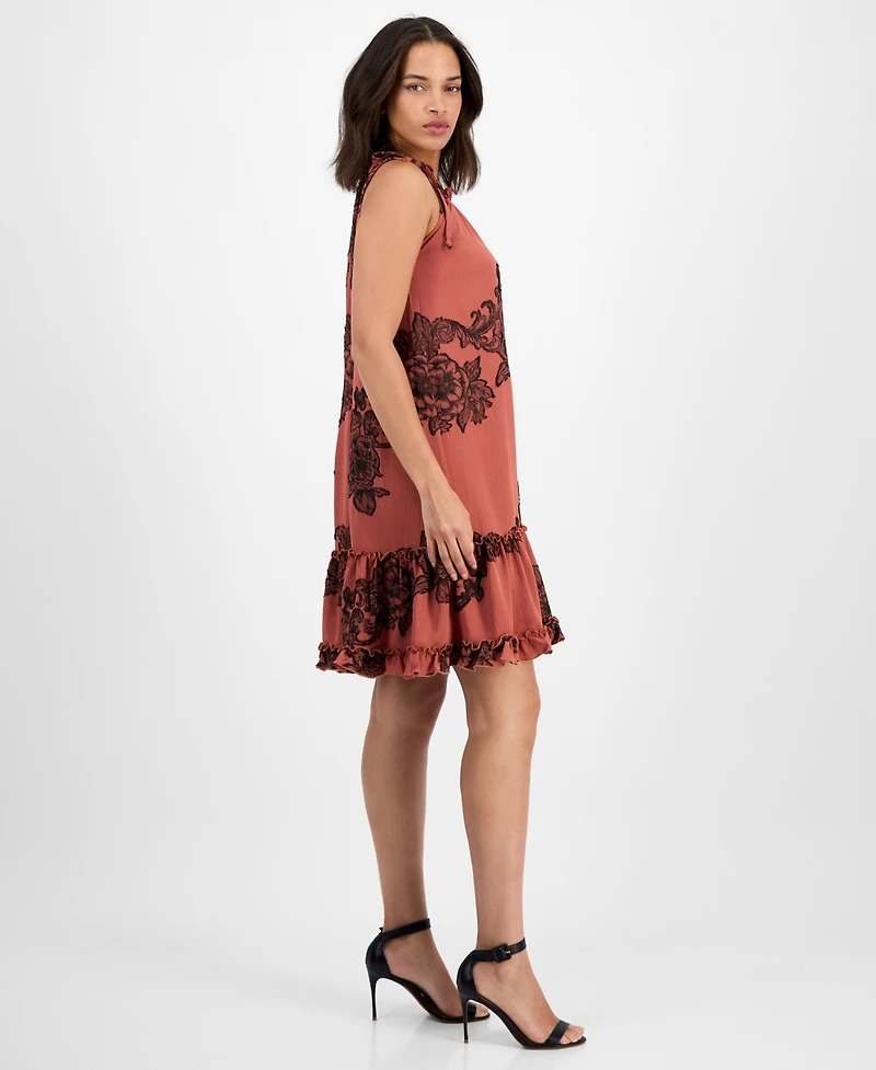 Robbie Bee Petite Printed Ruffle-Neck Shift Dress