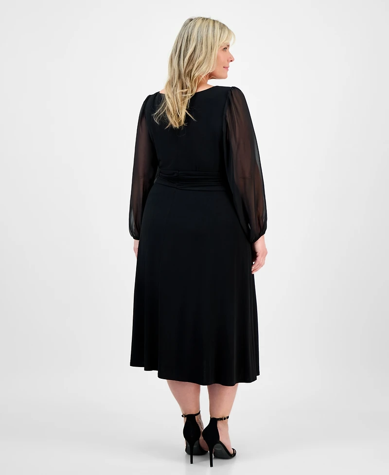 Connected Plus Shirred-Waist Sheer-Sleeve Midi Dress