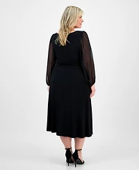 Connected Plus Shirred-Waist Sheer-Sleeve Midi Dress