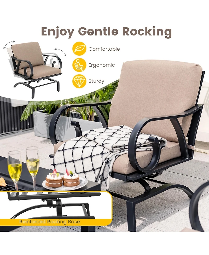 Gymax 5PCS Cushioned Patio Dining Set Heavy-Duty Rocking Chairs with 4-in-1 Fire Pit Table