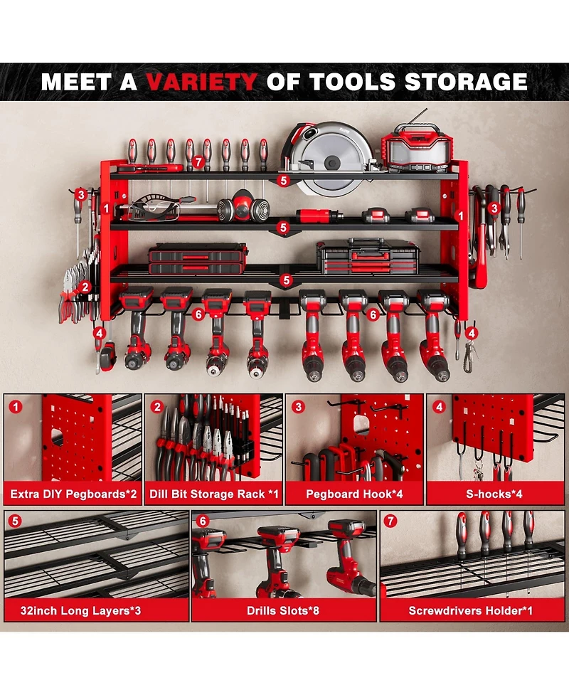 Hausource 4 Tier Power Tool Organizer Shelving Wall Mount Utility Storage Rack，Red