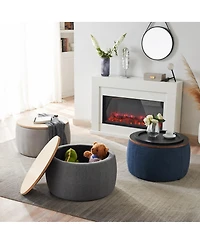 Round Upholstered Storage Ottoman with Removable Top for Use as Coffee Table or Footstool Handmade Accent Living Room Bedroom-The Pop Home