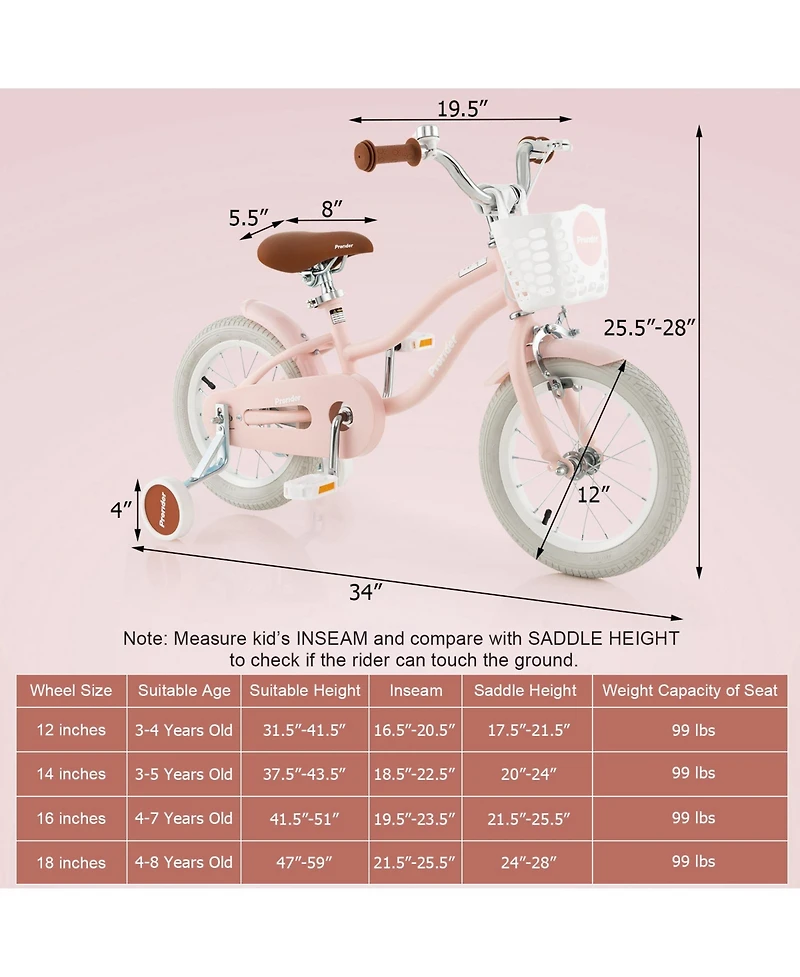 12 Kids Bike for Boys and Girls Aged 3-8 Years with Training Wheels