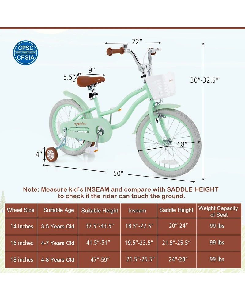 18 Inch Kids Bike with Adjustable Seat and Bell for Kids 3-8 Years Olds