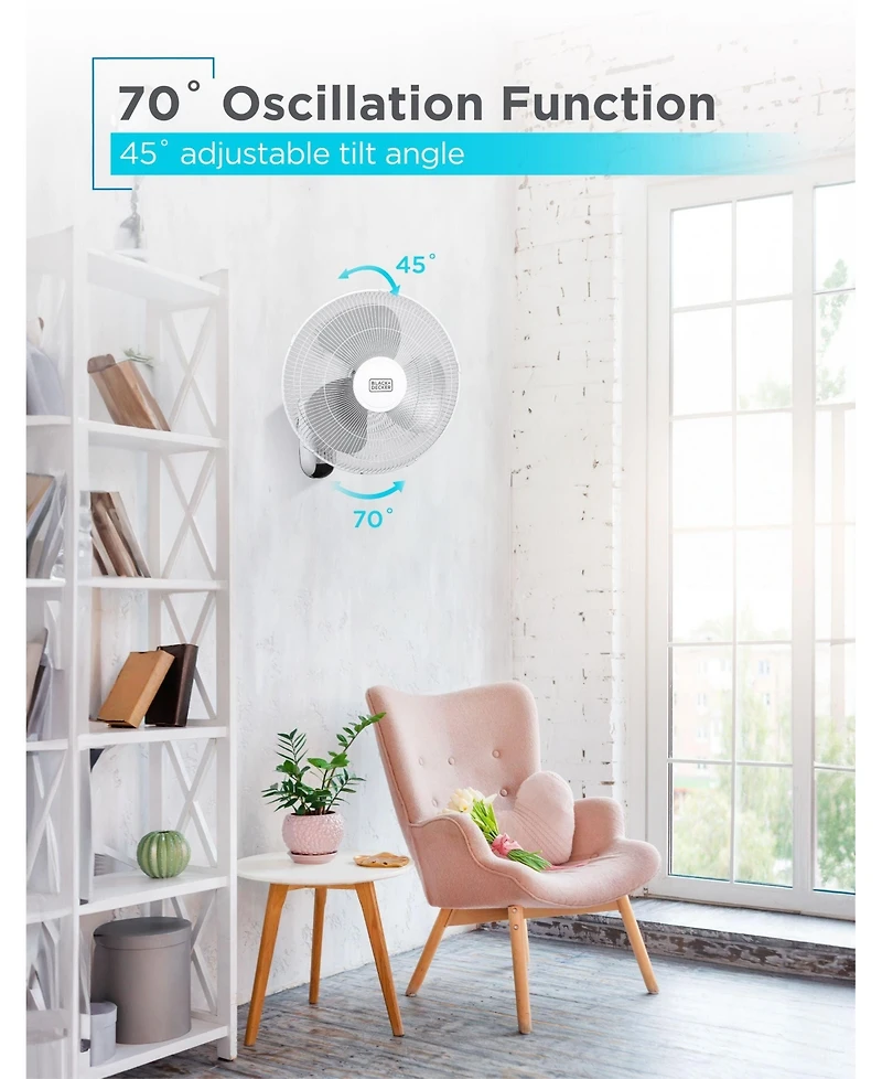 Black+Decker 16" Wall Fan with Remote Control, Oscillating Fan with 3 Speed Settings and Shut Off Fan Timer, Wall Mount Fan with Adjustable Tilt