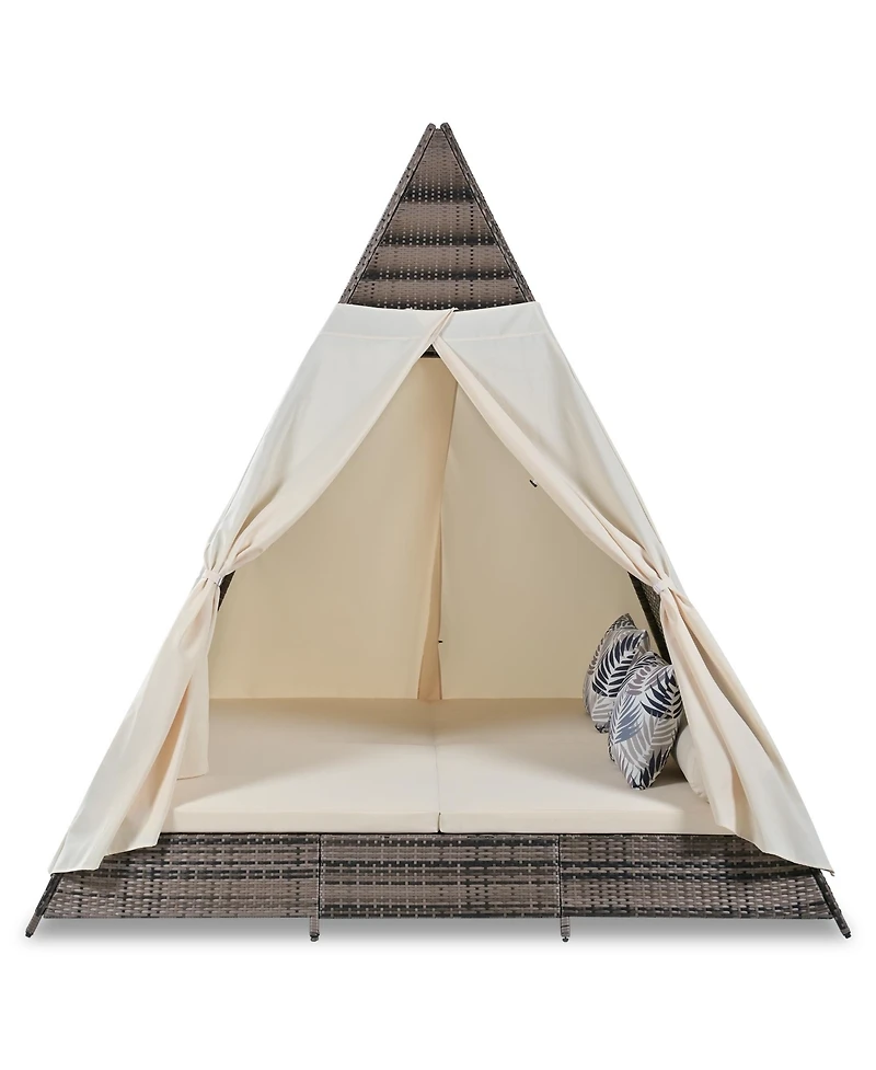 Streamdale 90.5" Length Outdoor Sunbed With Colorful Pillows, Wicker Patio Daybed With Cushions, Tent Shape, Brown and Beige