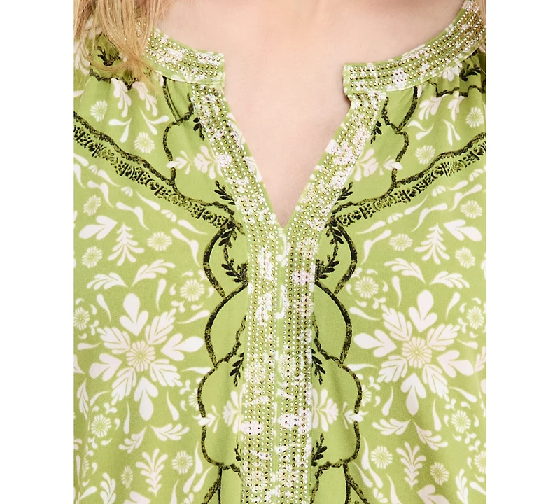 Jm Collection Women's Printed Chiffon Sleeve Rhinestone Split-Neck Top, Exclusively at Macy's