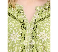 Jm Collection Women's Printed Chiffon Sleeve Rhinestone Split-Neck Top, Exclusively at Macy's