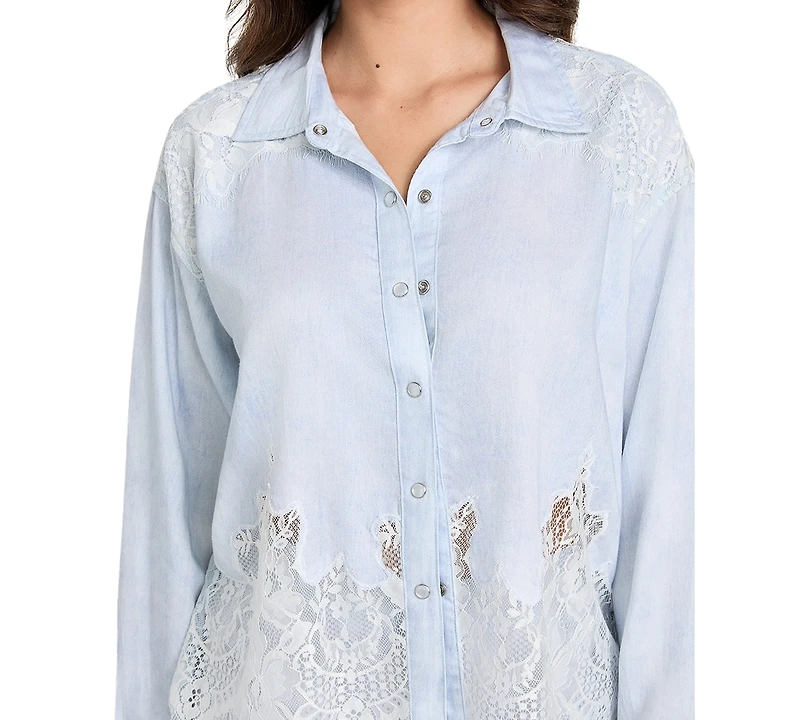 Guess Women's Evie Lace-Trim Chambray Shirt